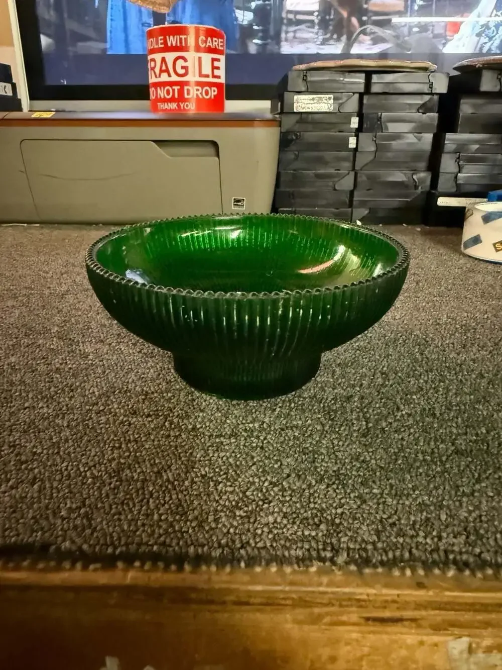 Vintage Hoosier Glass Emerald Green Ribbed Pedestal Bowl No. 4054